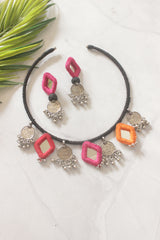 Handmade Fabric Choker with Mirrors and Stamped Metal Coins Charms
