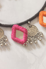 Handmade Fabric Choker with Mirrors and Stamped Metal Coins Charms