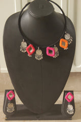 Handmade Fabric Choker with Mirrors and Stamped Metal Coins Charms