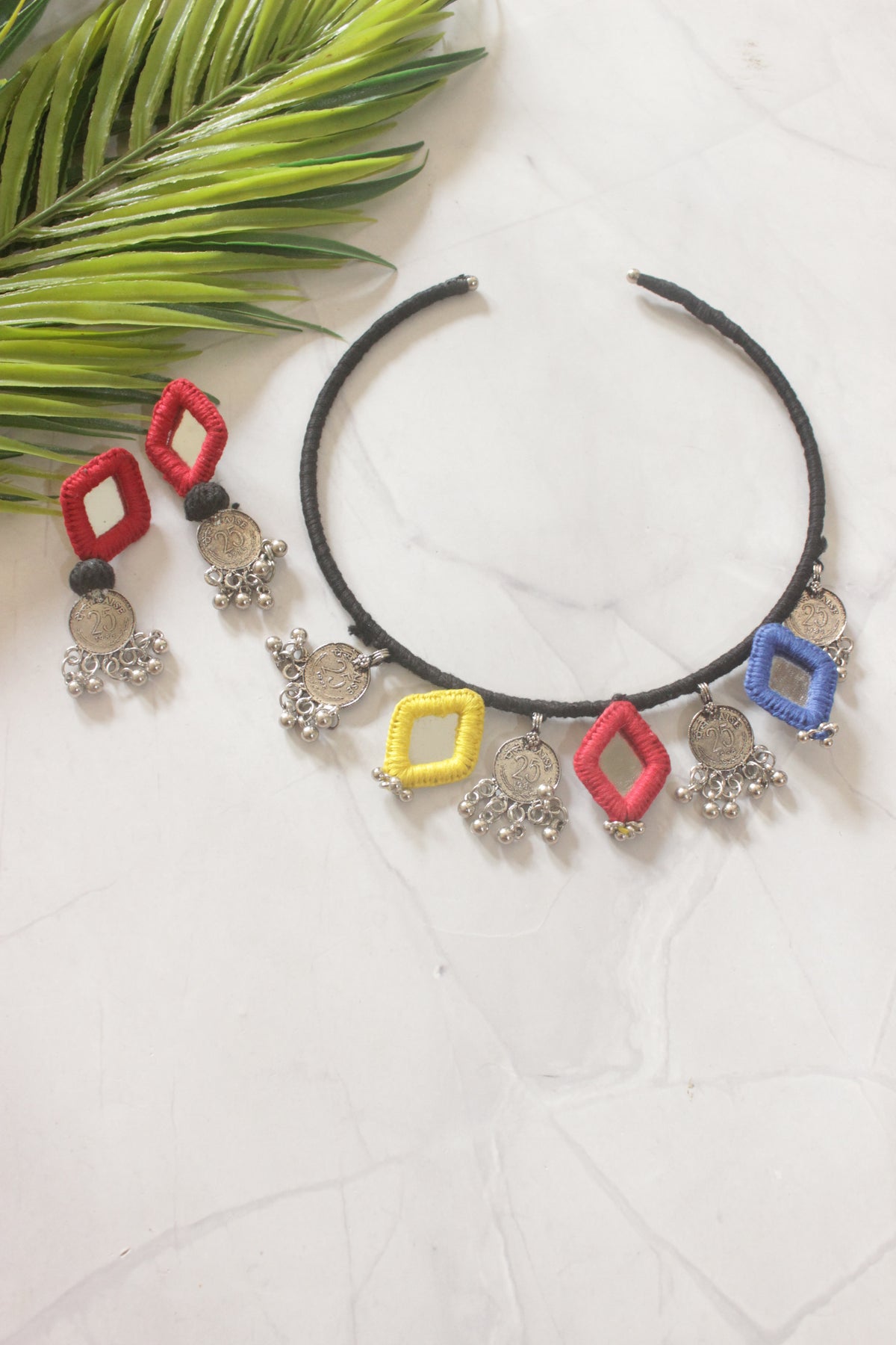 Handmade Fabric Choker with Mirrors and Stamped Metal Coins Charms