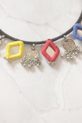 Handmade Fabric Choker with Mirrors and Stamped Metal Coins Charms