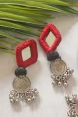 Handmade Fabric Choker with Mirrors and Stamped Metal Coins Charms