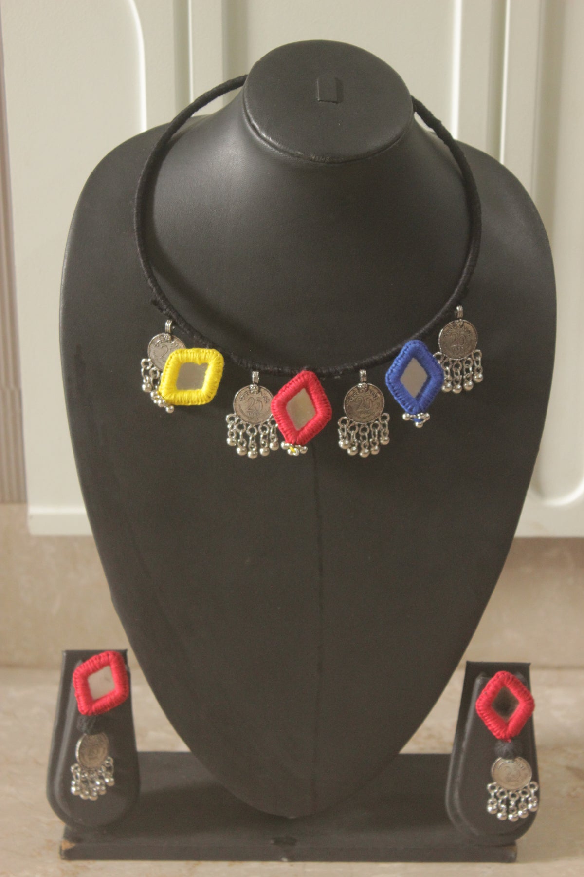 Handmade Fabric Choker with Mirrors and Stamped Metal Coins Charms