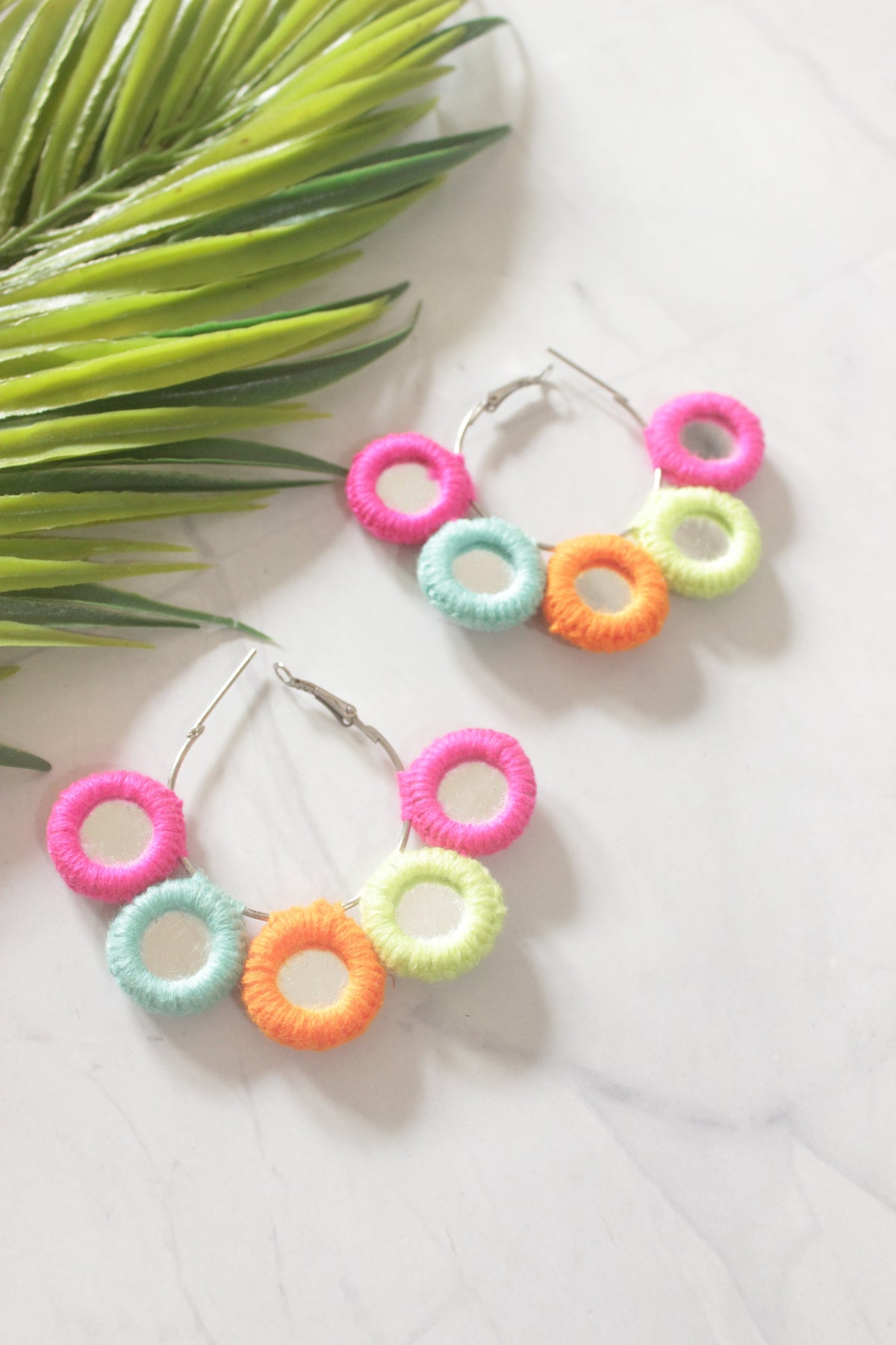Multi-Color Fabric and Mirror Handmade Hoop Earrings