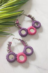 Pink and Purple Fabric and Mirror Handmade Hoop Earrings