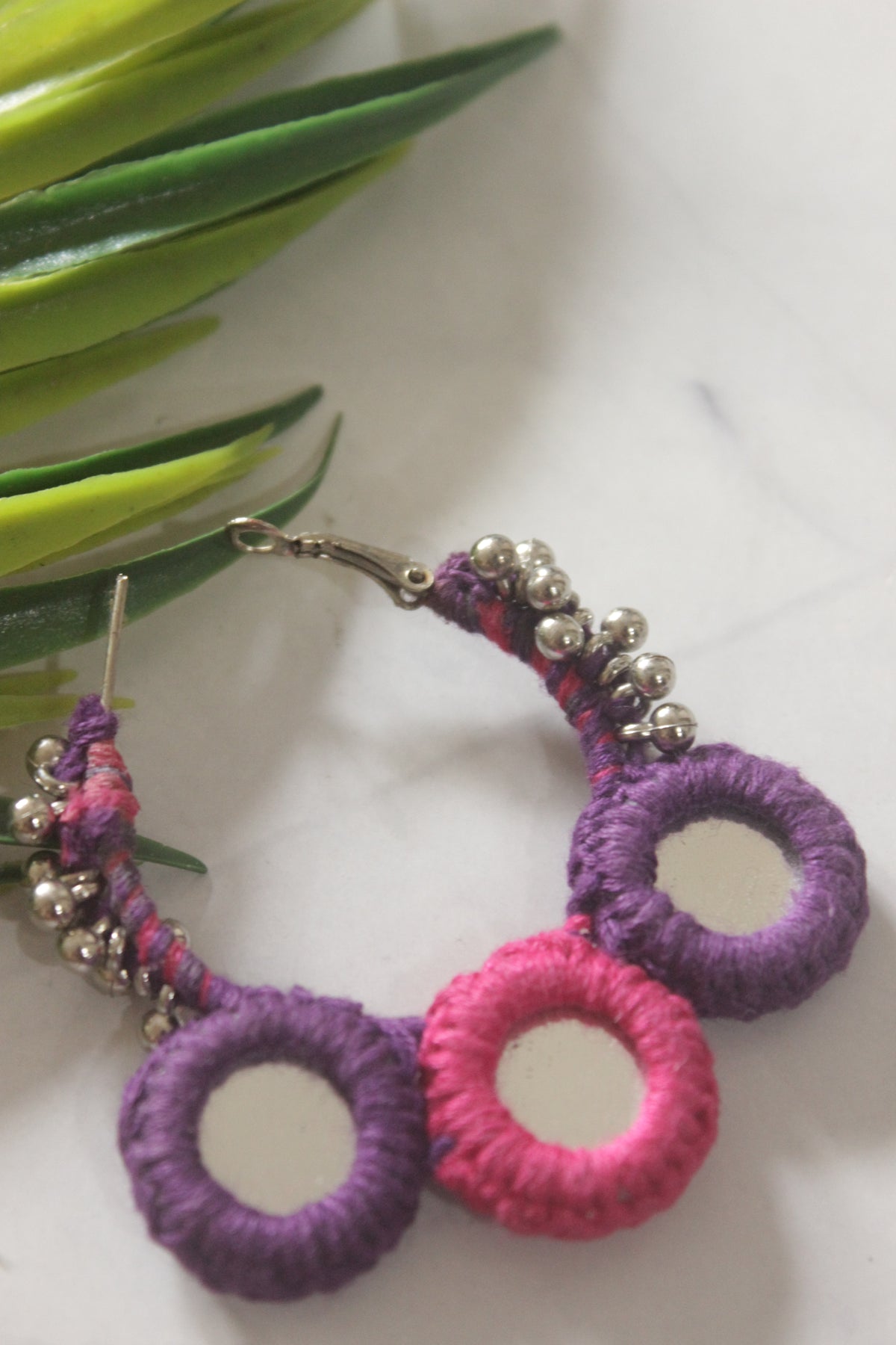 Pink and Purple Fabric and Mirror Handmade Hoop Earrings