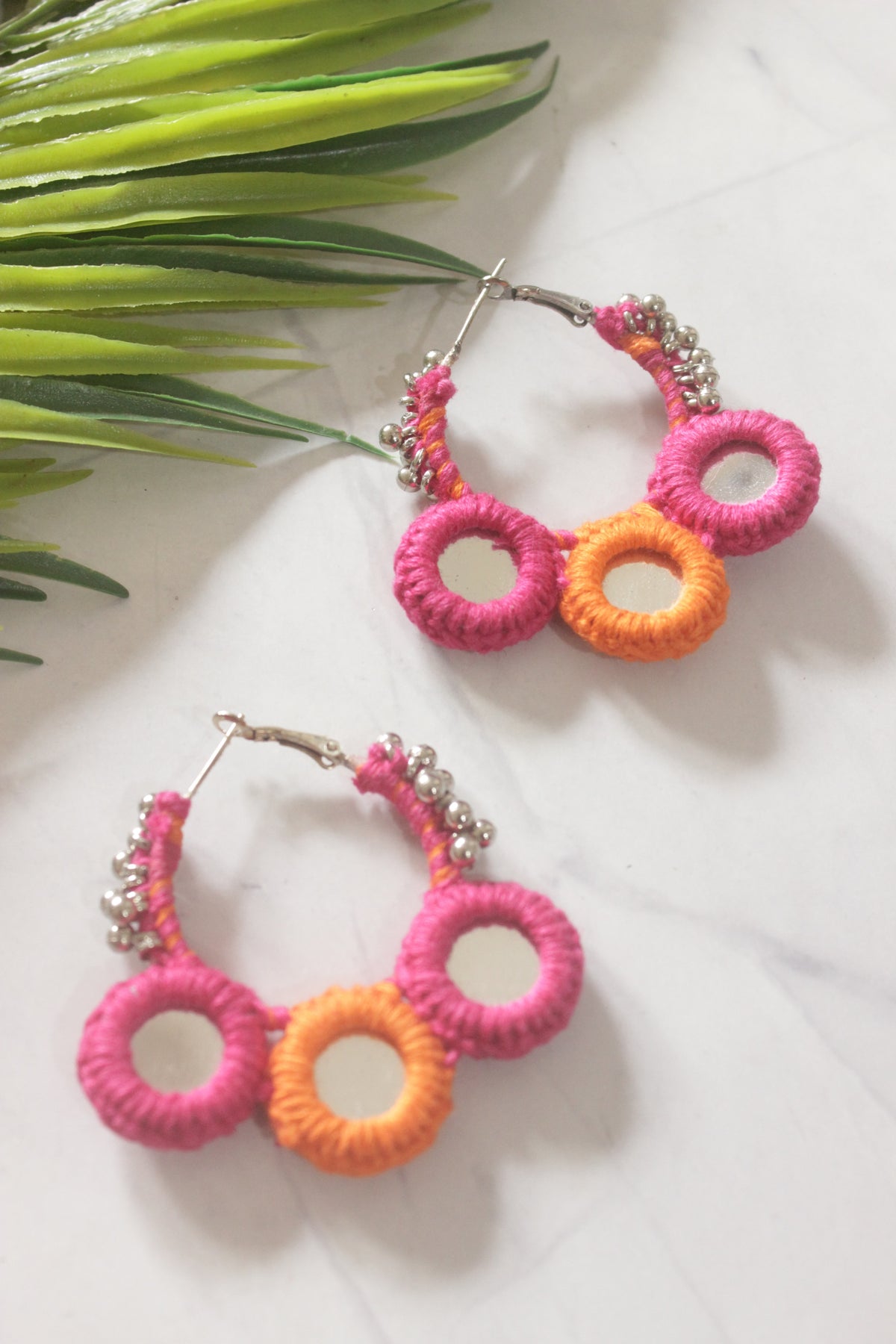 Orange and Pink Fabric and Mirror Handmade Hoop Earrings