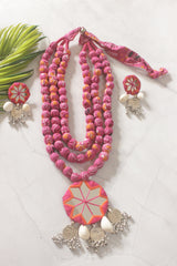 Pink Bandhini Fabric Handmade Necklace with Mirrors and Coins