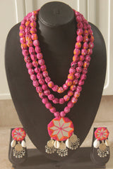 Pink Bandhini Fabric Handmade Necklace with Mirrors and Coins