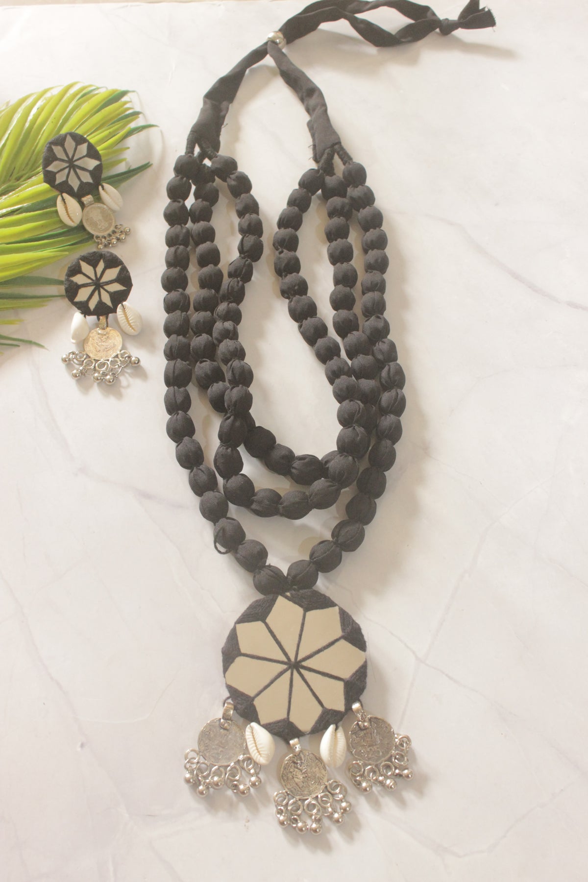 Black Fabric Handmade Necklace with Mirrors and Coins