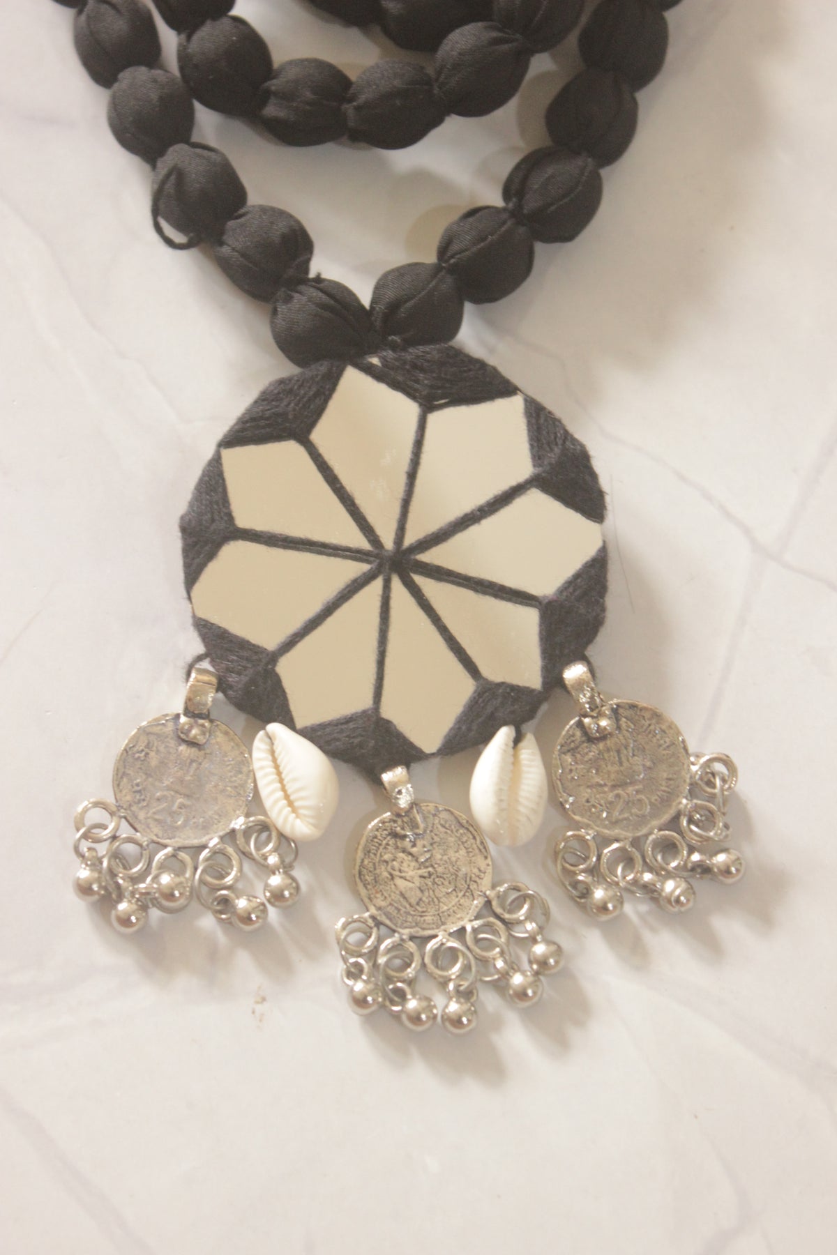 Black Fabric Handmade Necklace with Mirrors and Coins