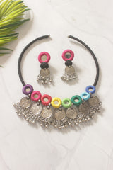 Multi-Color Fabric Handmade Choker with Mirrors and Coins