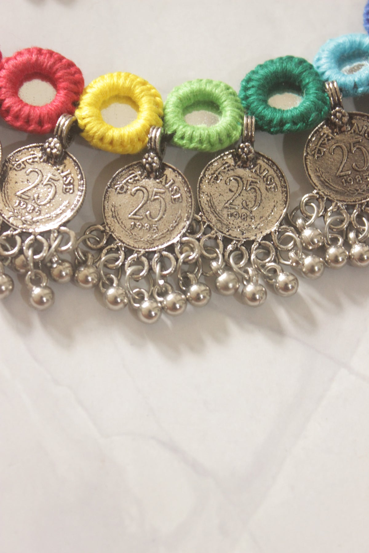 Multi-Color Fabric Handmade Choker with Mirrors and Coins
