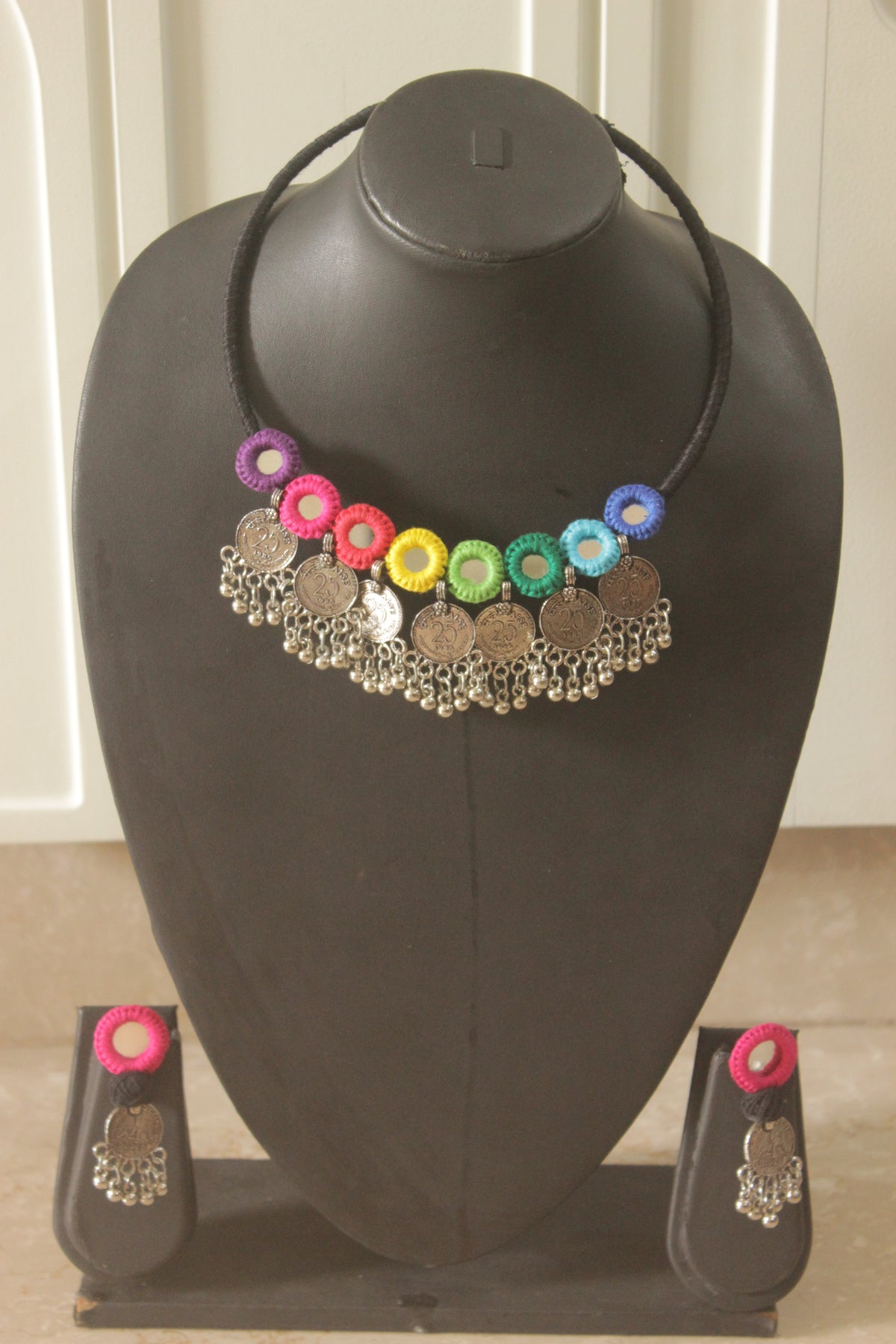 Multi-Color Fabric Handmade Choker with Mirrors and Coins