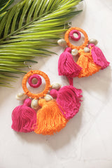 Orange and Pink Fabric and Shells Handmade Concentric Circles Hoop Earrings