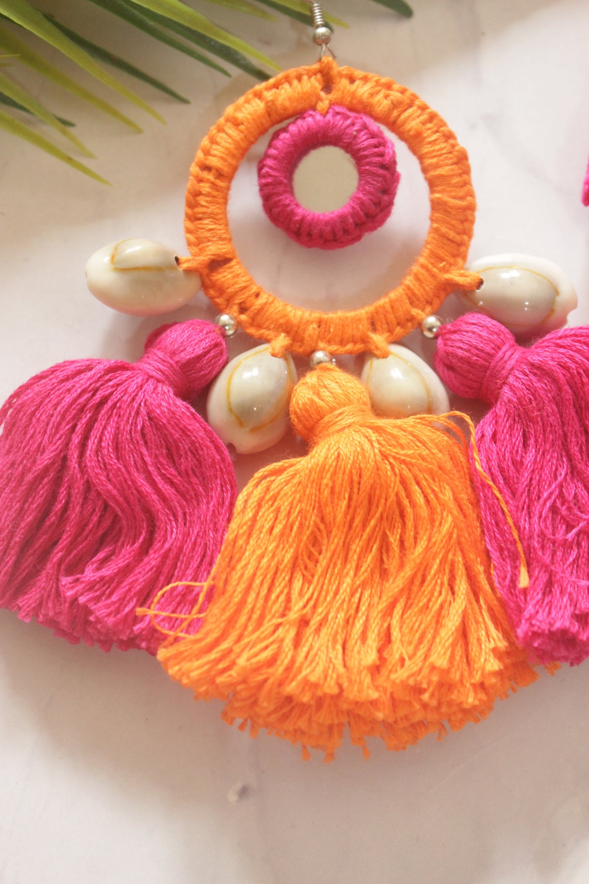 Orange and Pink Fabric and Shells Handmade Concentric Circles Hoop Earrings