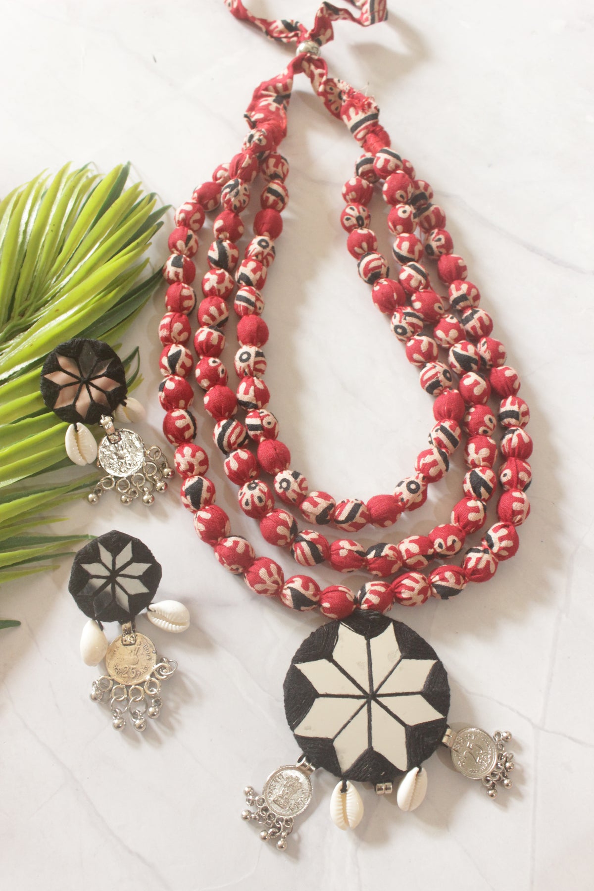 Red Kalamkari Fabric Handmade Necklace Set with Mirrors and Shells