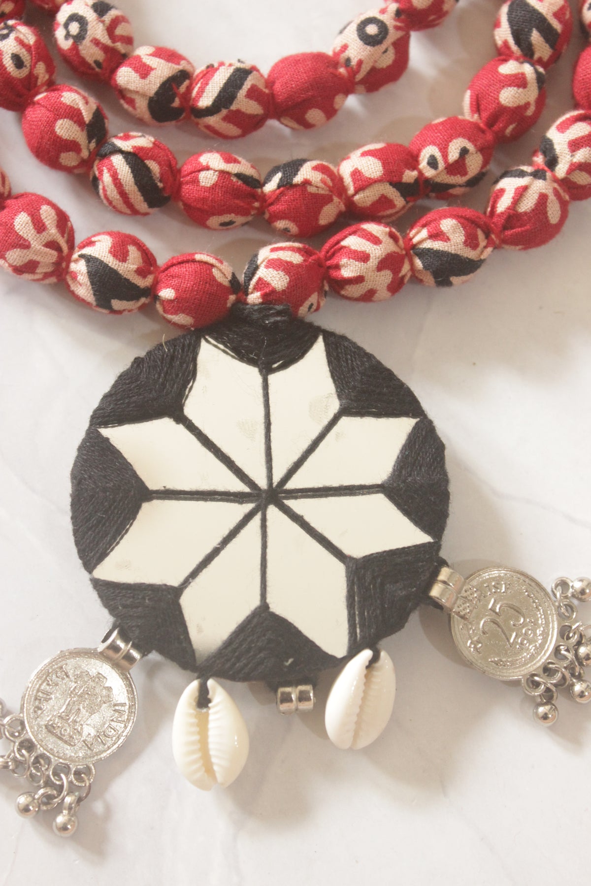 Red Kalamkari Fabric Handmade Necklace Set with Mirrors and Shells