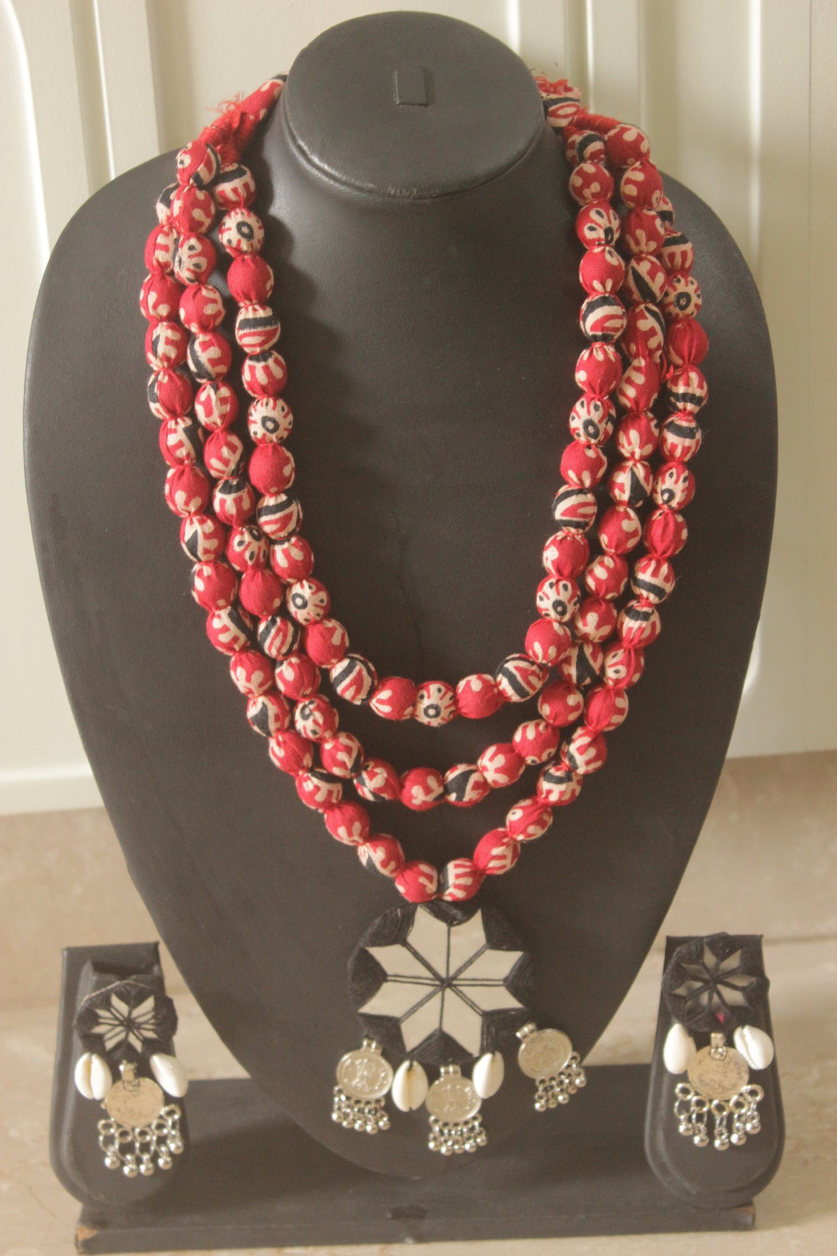 Red Kalamkari Fabric Handmade Necklace Set with Mirrors and Shells