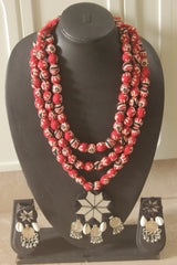 Red Kalamkari Fabric Handmade Necklace Set with Mirrors and Shells