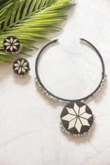 Black Fabric Handmade Choker Necklace Set with Mirrors and Ghungroos