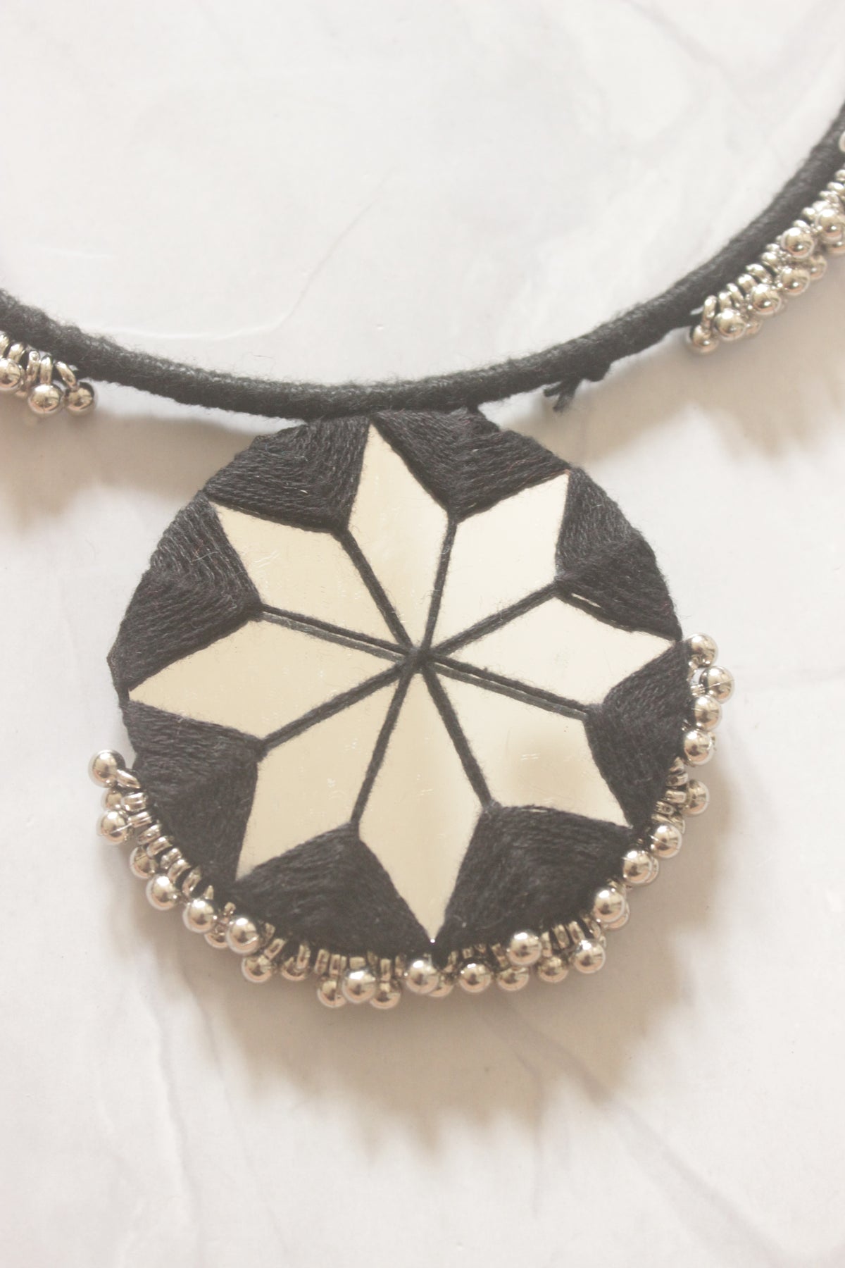 Black Fabric Handmade Choker Necklace Set with Mirrors and Ghungroos