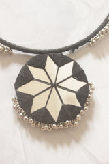 Black Fabric Handmade Choker Necklace Set with Mirrors and Ghungroos