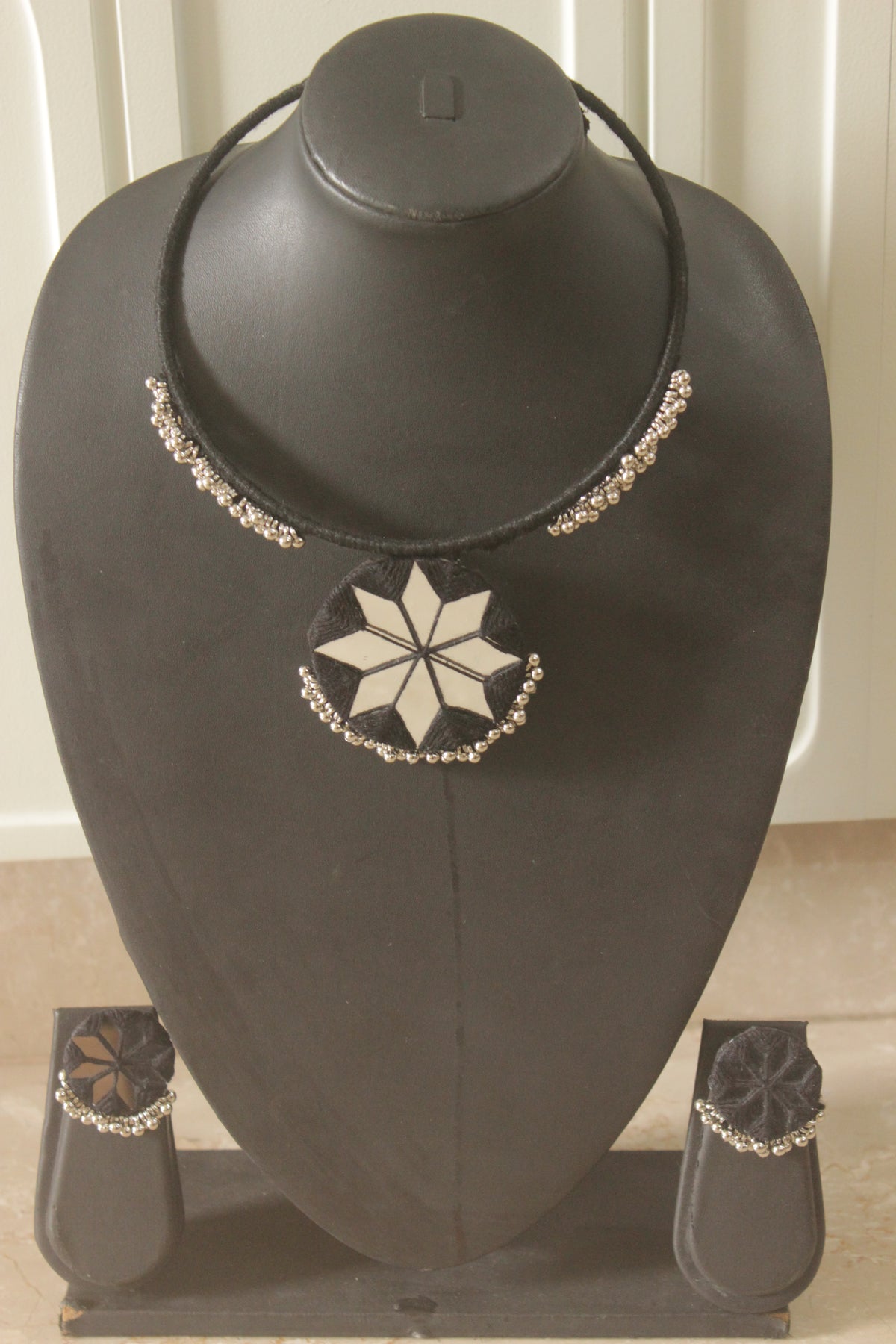 Black Fabric Handmade Choker Necklace Set with Mirrors and Ghungroos