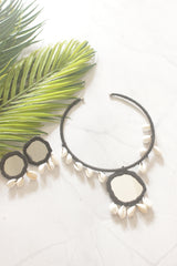 Black Fabric Handmade Choker Necklace Set with Mirrors and Shells