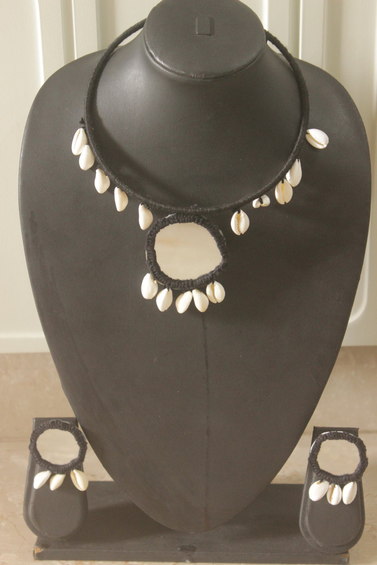 Black Fabric Handmade Choker Necklace Set with Mirrors and Shells