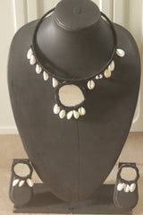 Black Fabric Handmade Choker Necklace Set with Mirrors and Shells