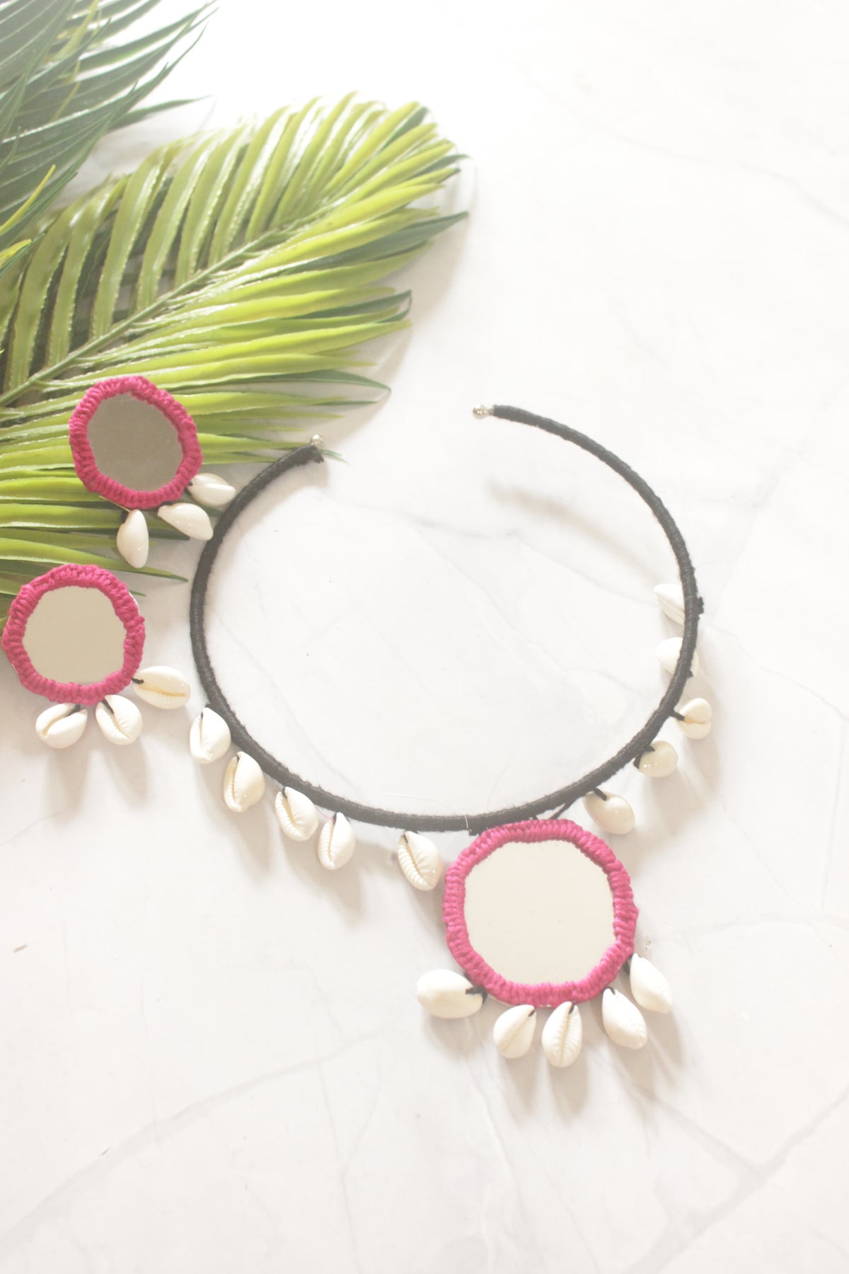 Black and Pink Fabric Handmade Choker Necklace Set with Mirrors and Shells
