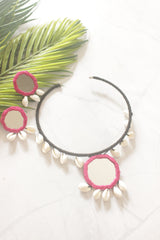 Black and Pink Fabric Handmade Choker Necklace Set with Mirrors and Shells