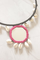 Black and Pink Fabric Handmade Choker Necklace Set with Mirrors and Shells