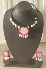 Black and Pink Fabric Handmade Choker Necklace Set with Mirrors and Shells