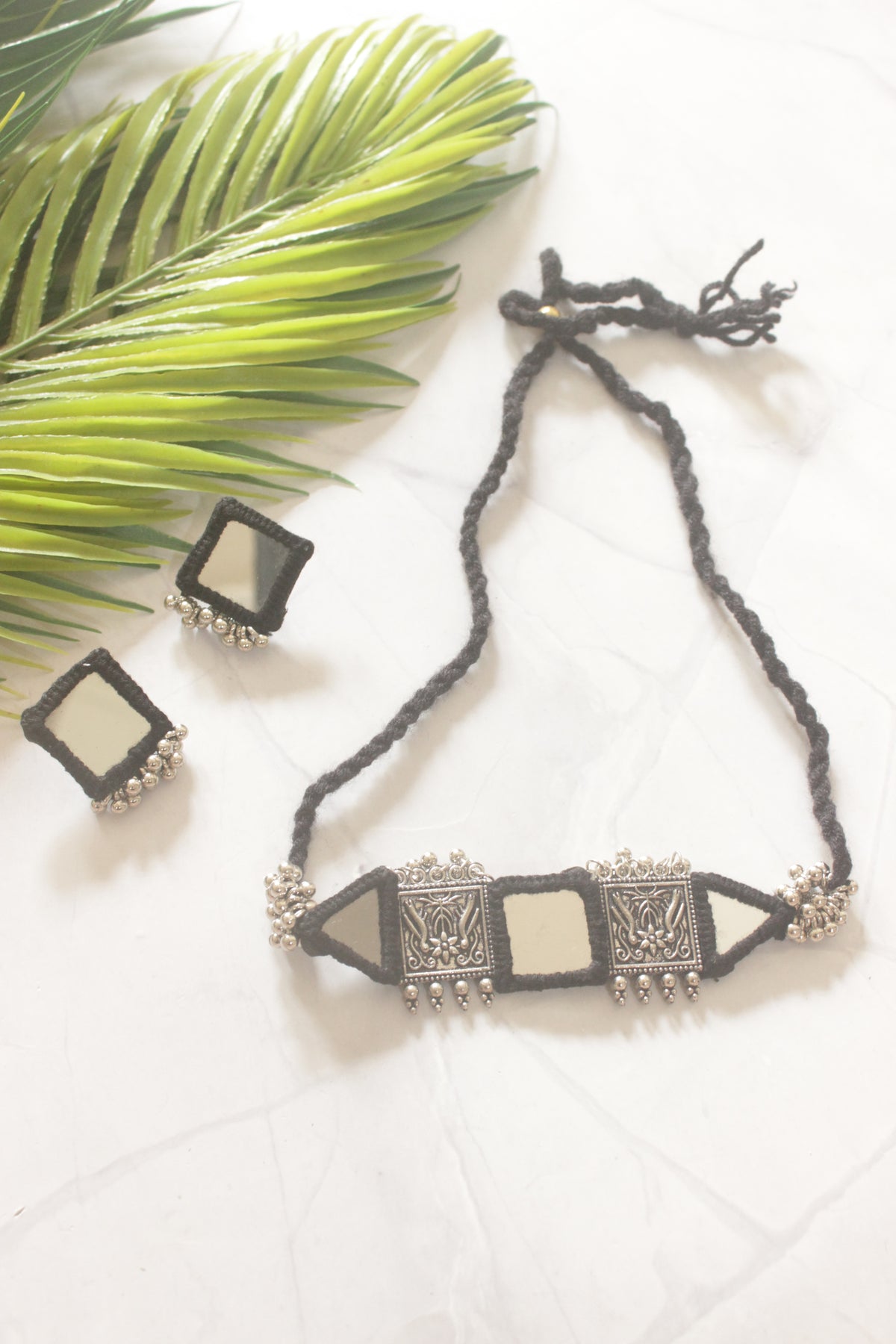 Black Fabric Handmade Choker Necklace Set with Mirrors and Ghungroos