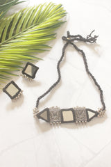 Black Fabric Handmade Choker Necklace Set with Mirrors and Ghungroos