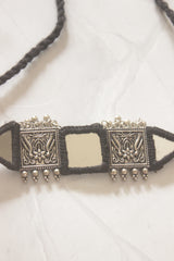 Black Fabric Handmade Choker Necklace Set with Mirrors and Ghungroos