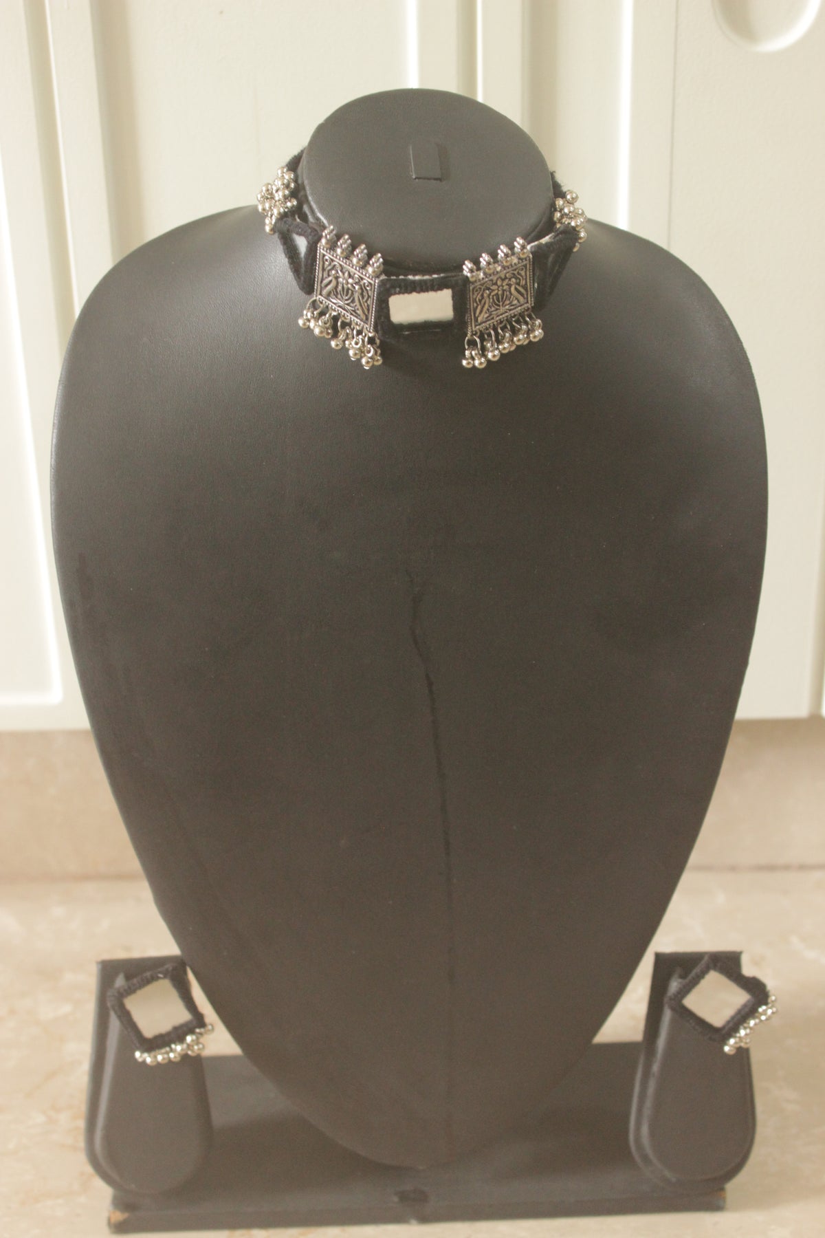 Black Fabric Handmade Choker Necklace Set with Mirrors and Ghungroos