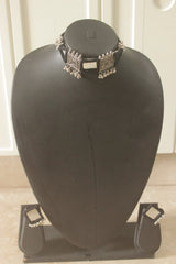 Black Fabric Handmade Choker Necklace Set with Mirrors and Ghungroos