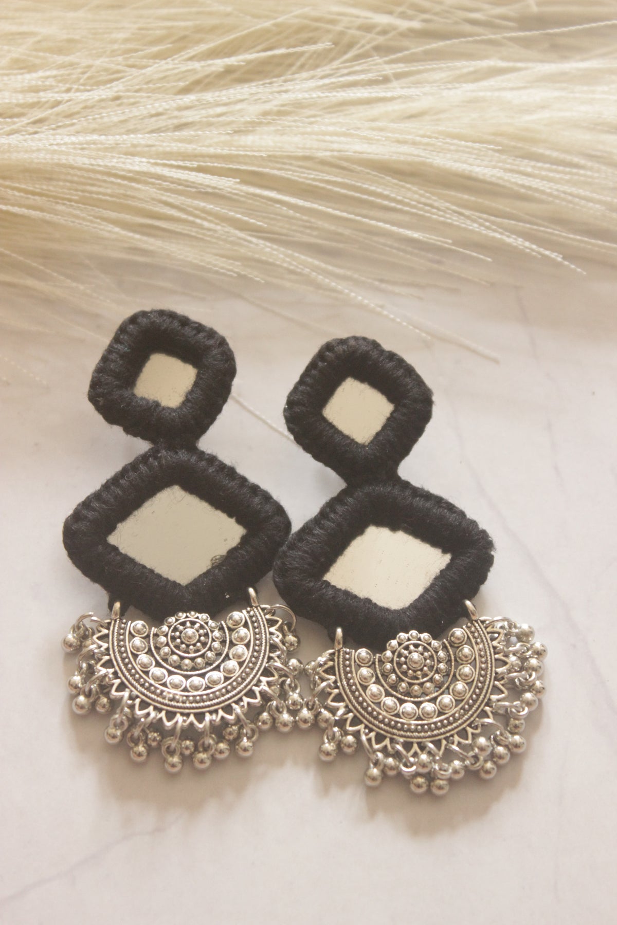 Black Fabric, Mirror and Shells Chandbali Earrings