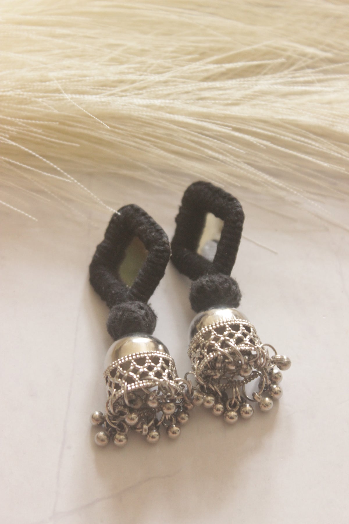 Black Fabric and Mirror Jhumka Earrings