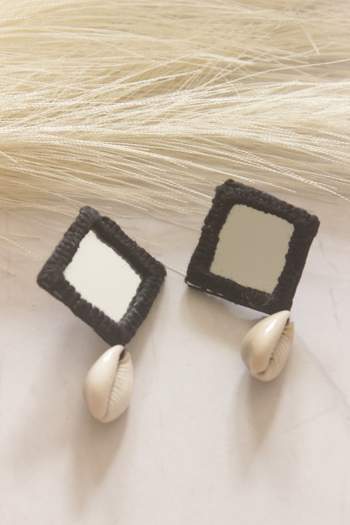 Black Fabric, Mirror and Shell Earrings