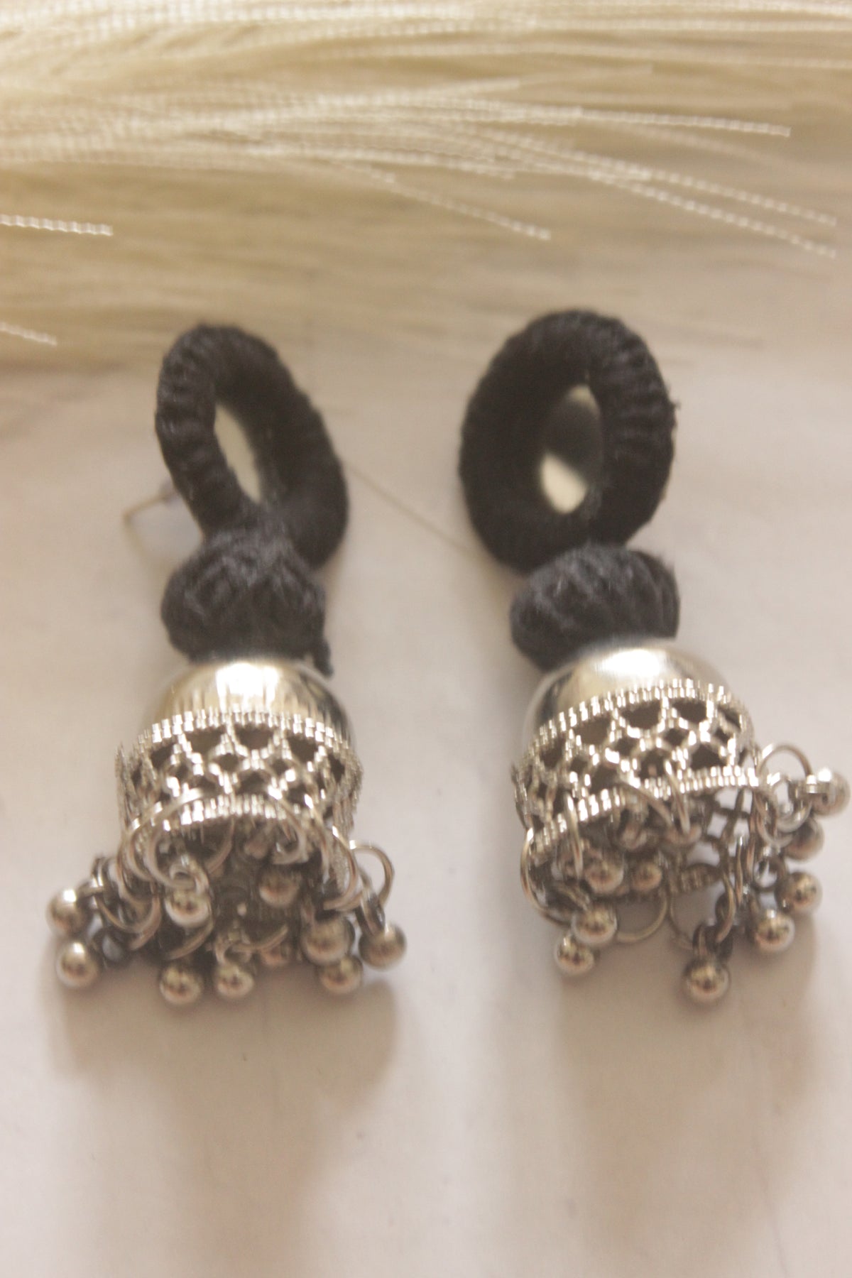 Black Fabric and Mirror Jhumka Earrings