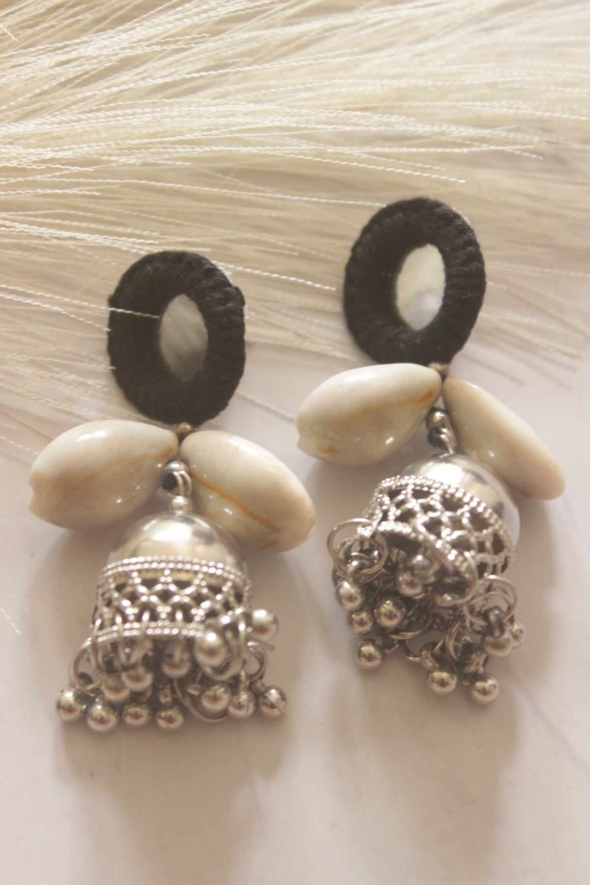 Black Fabric, Mirror and Shells Jhumka Earrings