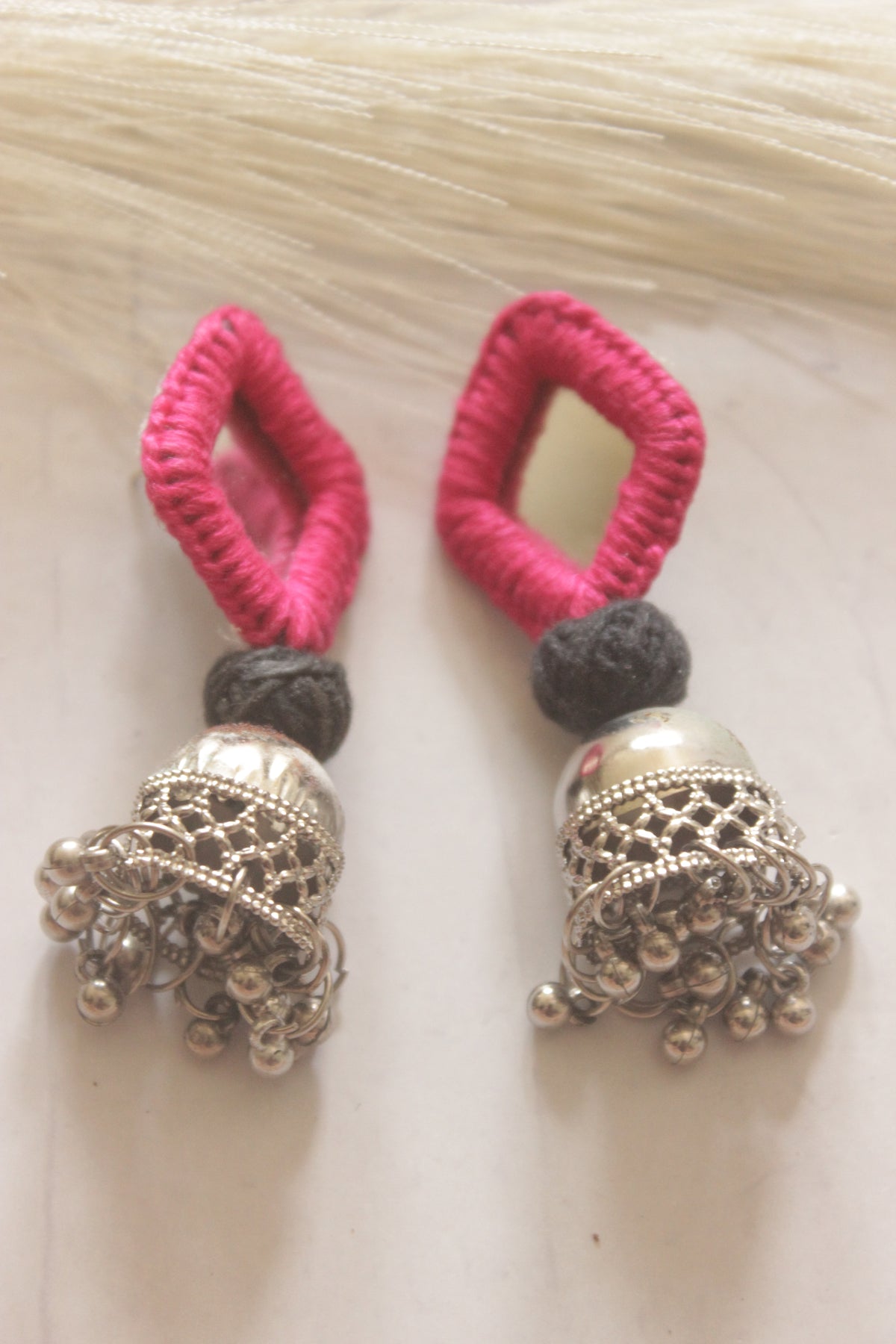 Pink Fabric and Mirror Jhumka Earrings