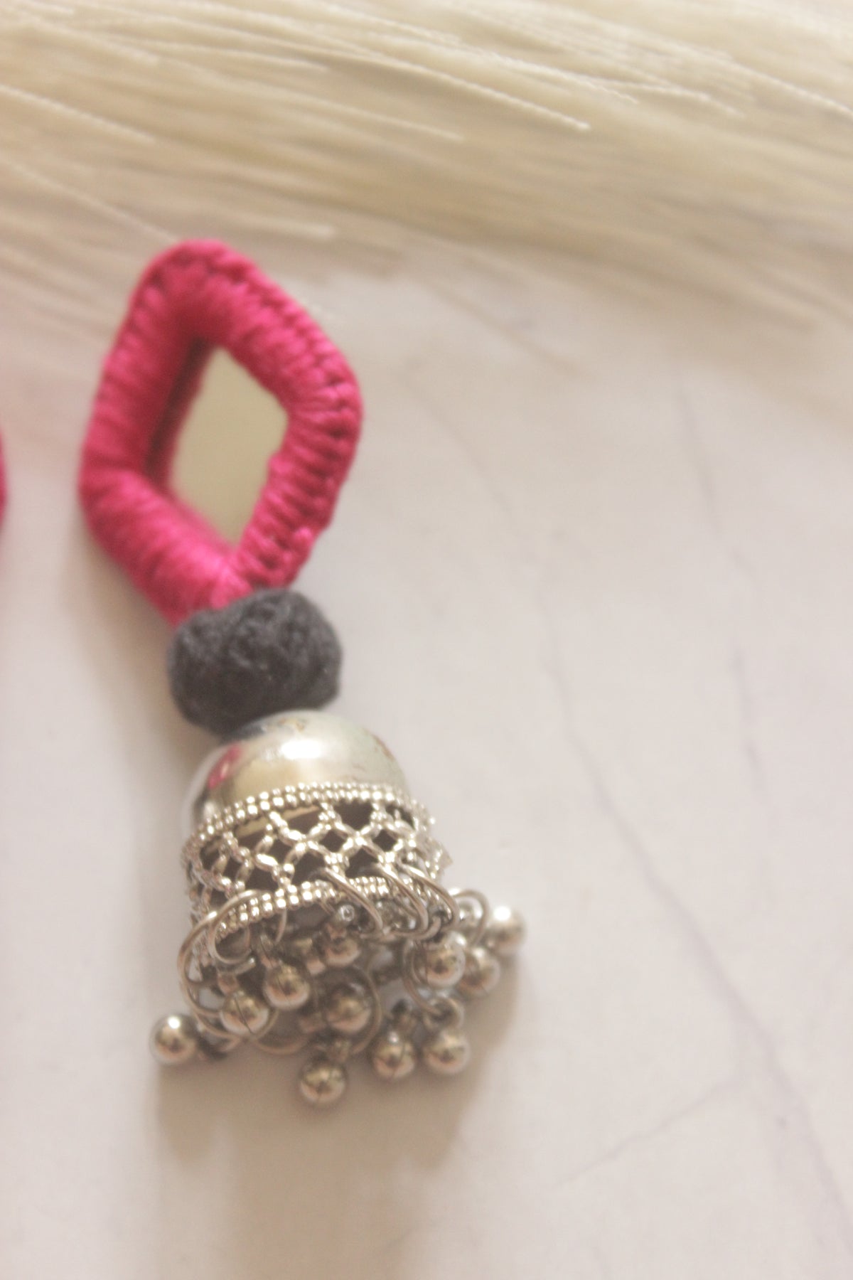 Pink Fabric and Mirror Jhumka Earrings
