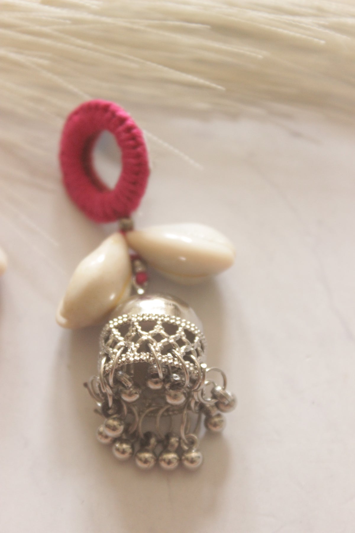 Pink Fabric, Mirror and Shells Jhumka Earrings