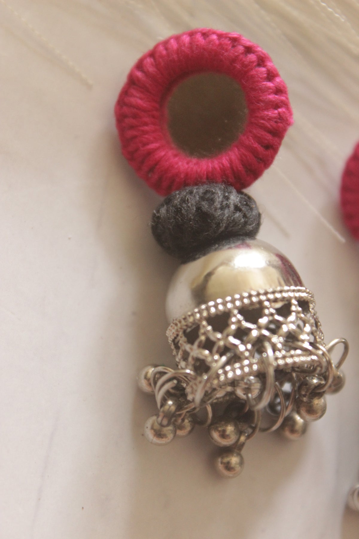 Pink Fabric and Mirror Jhumka Earrings