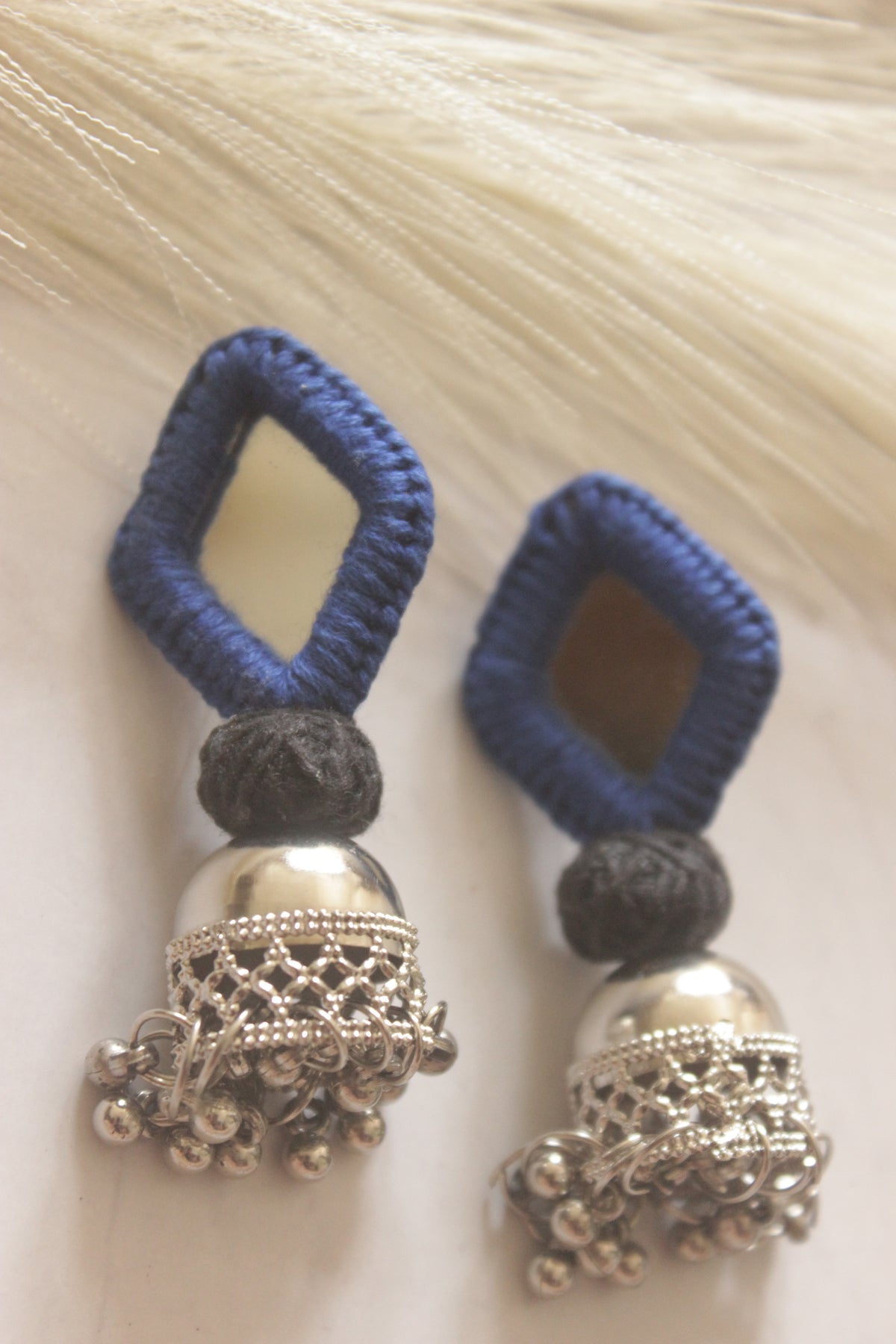 Blue Fabric and Mirror Jhumka Earrings